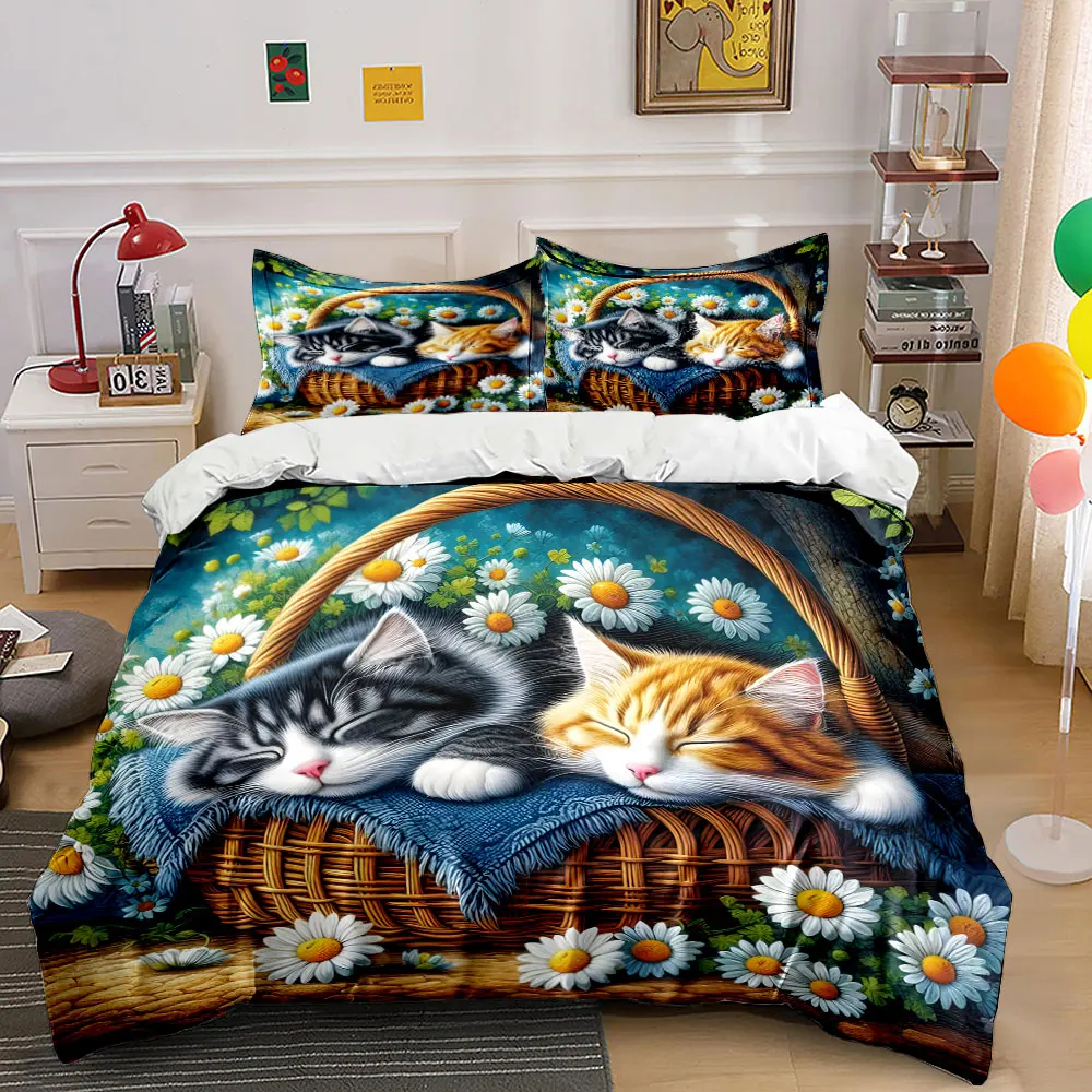 

Two kittens sleeping in basket Pattern Duvet Cover Set Digital Print Colorful Polyester Bedding with Zipper Closur for gifts