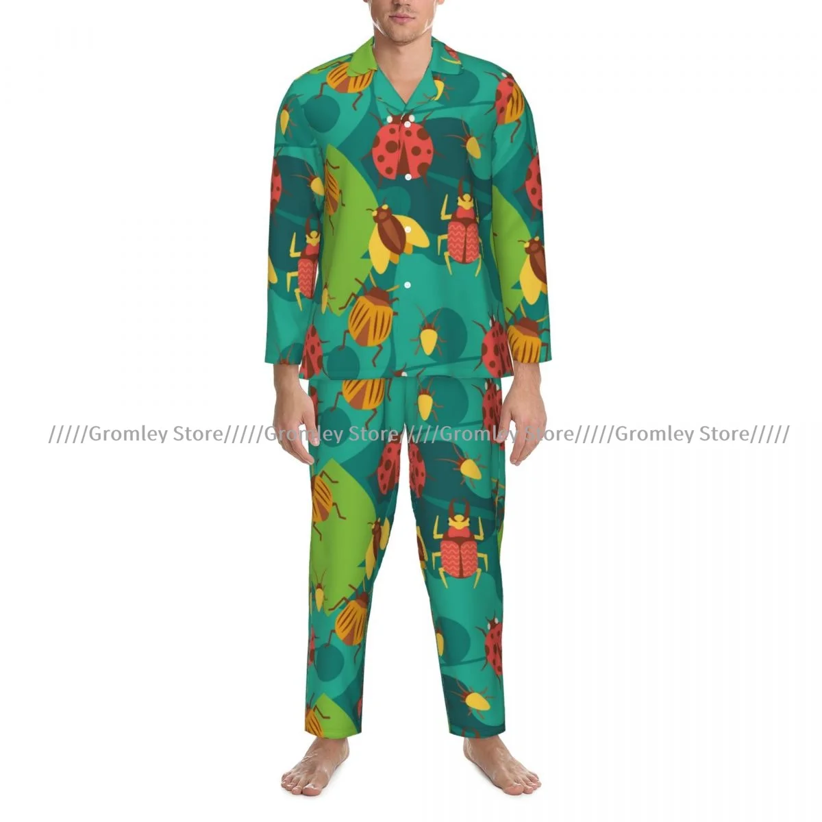 Men's Pajamas Suit Lapel Long Sleeve Sleepwear Ladybug Male Home Clothes