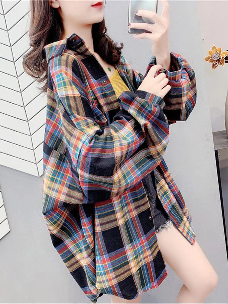 Jmprs Oversize Women Plaid Shirts Long Sleeve Loose Turn Down Collar Ladies Button Up Shirt Vintage Loose Korean Long Tops