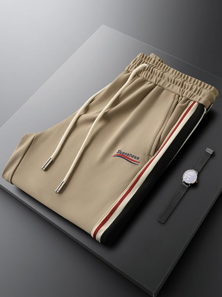 

Khaki Sports Casual Pants Men Slim Straight Elastic Side Stripe Weave Belt Men's Ankle Pants Sweatpants