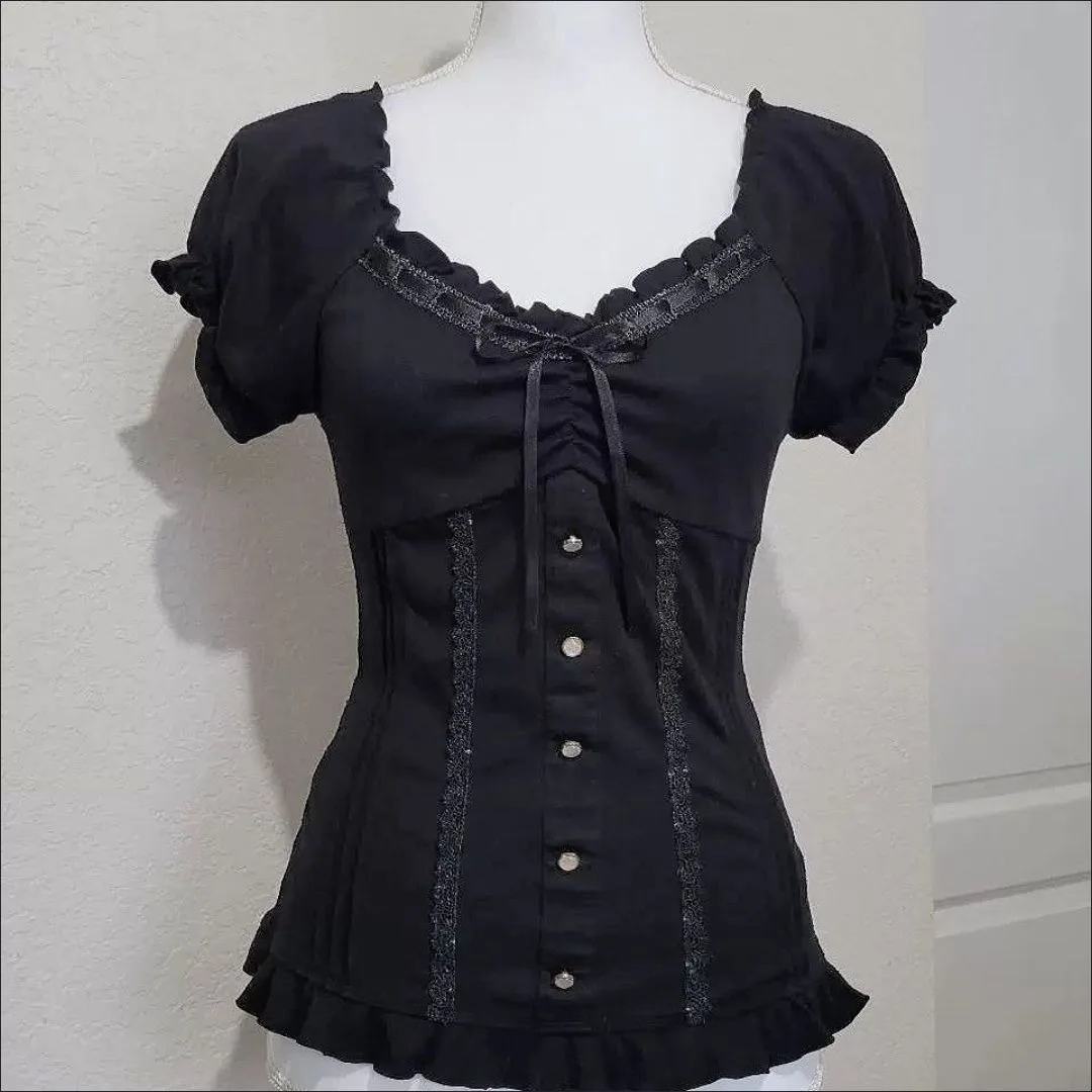 American Vintage Gothic Top Short Sleeve Square Collar Women Slim Lace Bow 2000s Casual Top Retro Punk Subculture 2026 Summer