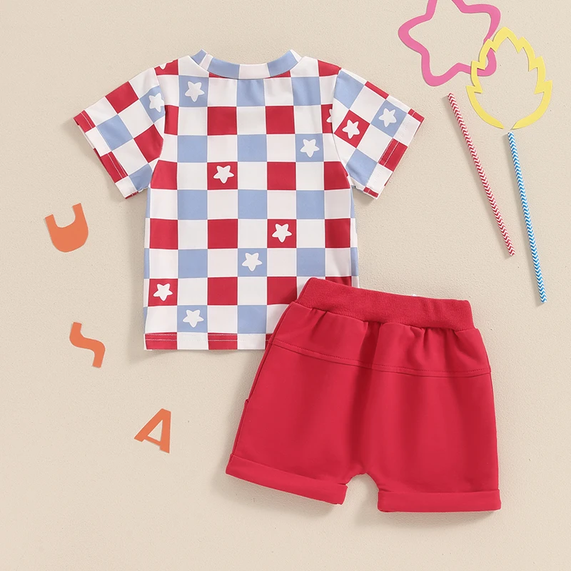 Toddler meninos roupa de manga curta, carta bandeira, estrela xadrez impressão tops, cordão curto set, 2-4 de julho, 2024-04-03