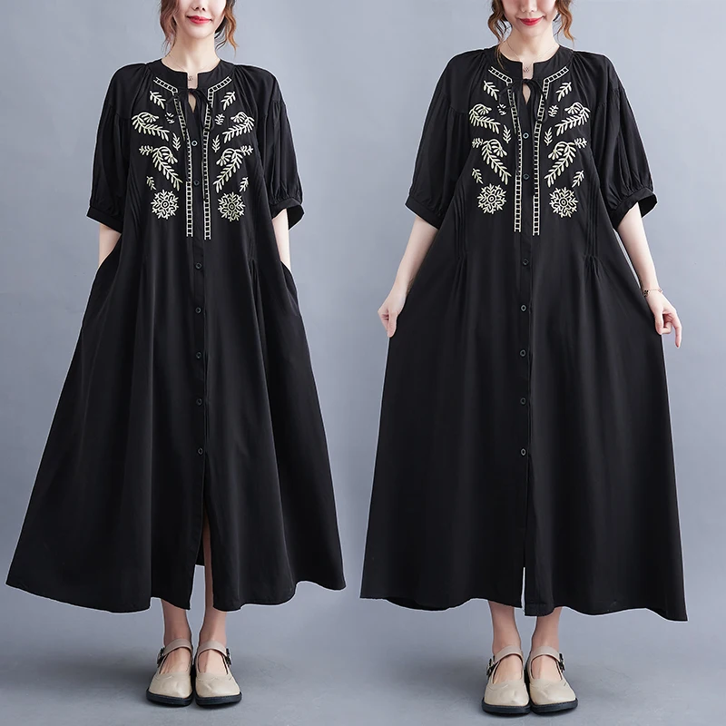 

Large Size Embroidered A-Line Dr Summer Maxi irt Dr Conceals Belly Slimming Wind Large Swing Dr Women's Clothing