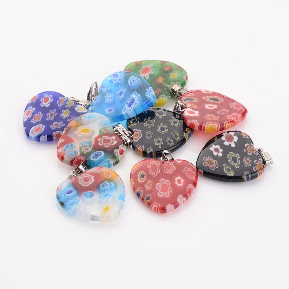 10pcs Heart Cross Shape Handmade Millefiori Lampwork Pendants Flower Patterns For Jewelry Making Craft Necklace DIY Findings