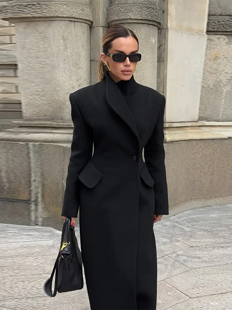 

Long Women Slimming Overcoat Single Button Fashion Pockets Long Sleeve Chic Female Office Jacket Spring Autumn 2025