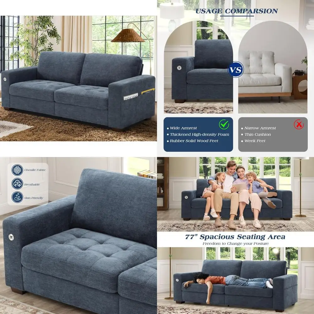 

living room sofas: chenille loveseat couch set, compact sofa, 3-seater with usb charging, removable covers, solid wood frame