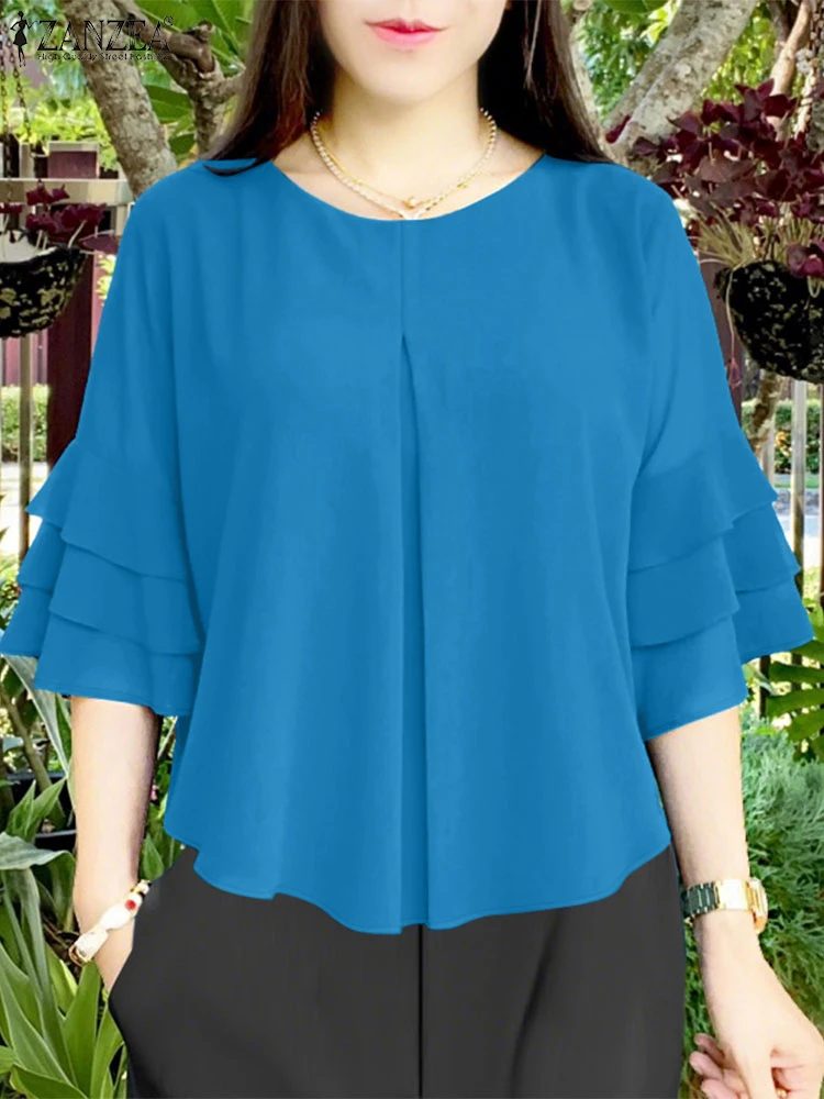 

ZANZEA Summer O Neck 3/4 Sleeve Blouses Office Shirts Women Elegant Solid Work OL Tunic Tops Casual Pleated Blusas Oversize 2025