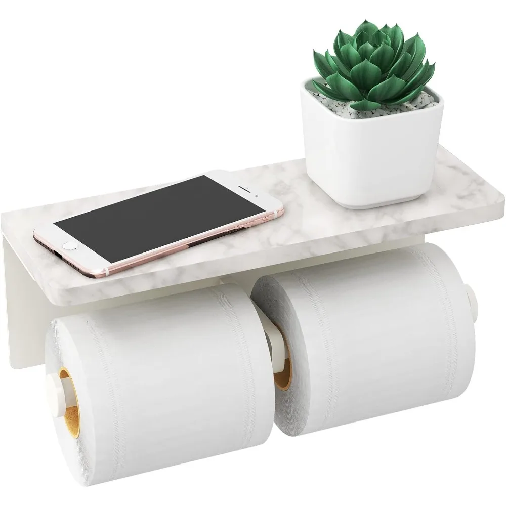 

Upgraded Marble Style Double Toilet Paper Holder with Wall Mounted Storage Shelf