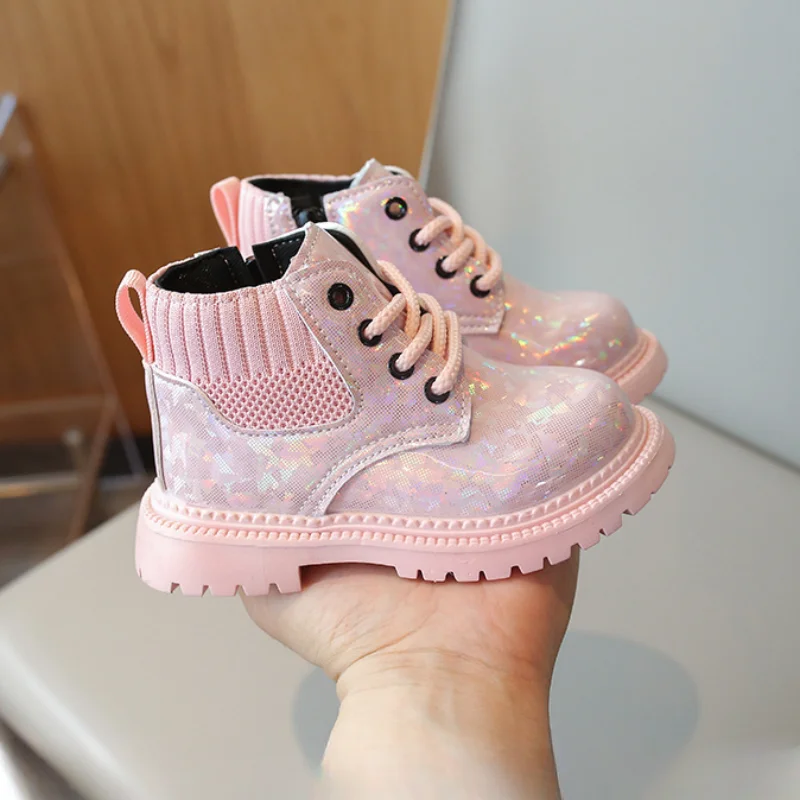 Girls Boots Kids Fashion Rubber Boots Cool Boys Autumn  Soft Sole Pink with Side Zip Princess Round-toe PU Leather Shoes