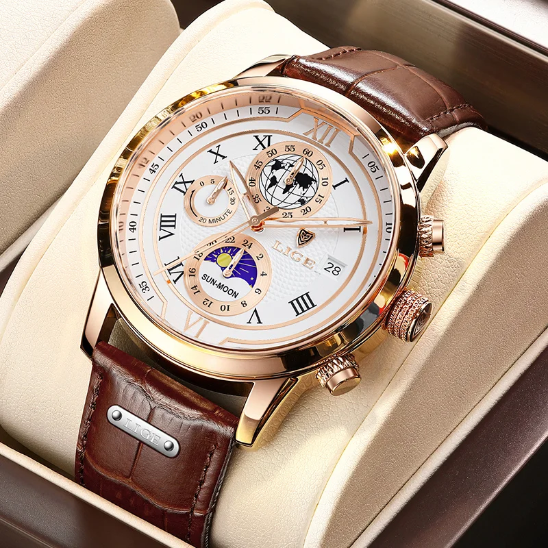 LIGE Leather Men Watches Fashion Creative Luminous Big Dial Chronograph Man Watch Casual Waterproof Business Quartz Wristwatches