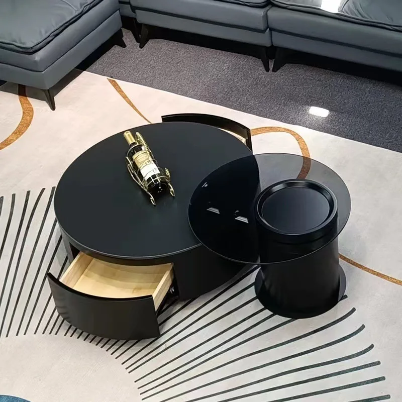 Light luxury solid wood, black rock slab, large and small round coffee table, combination of high-end round coffee table, Italia