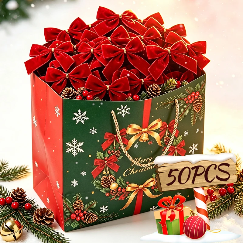 10/50Pcs Velvet Christmas Bows Vintage Ribbon Bows Ornaments for Christmas Tree Wreath Garland Gift Wrapping Holiday Party Decor