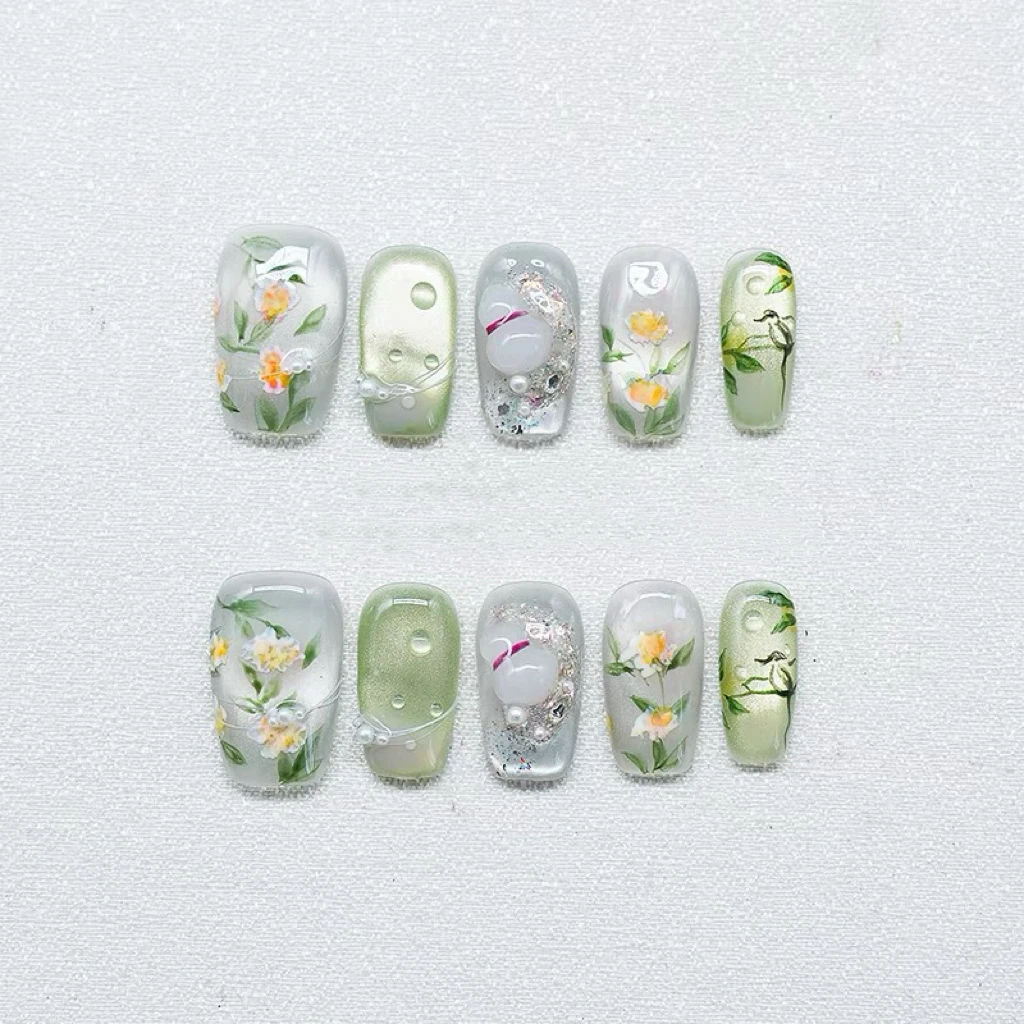 

Spring hand-painted 3D flower cat's eye nails, clear green gradient nails, press-on nails, reusable high-quality nails
