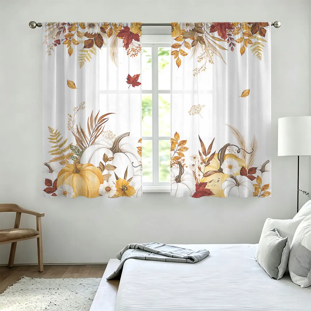 2pcs 90g rod-mounted curtains featuring autumn pumpkin flower and leaf decorative patterns, perfect for home decoration.