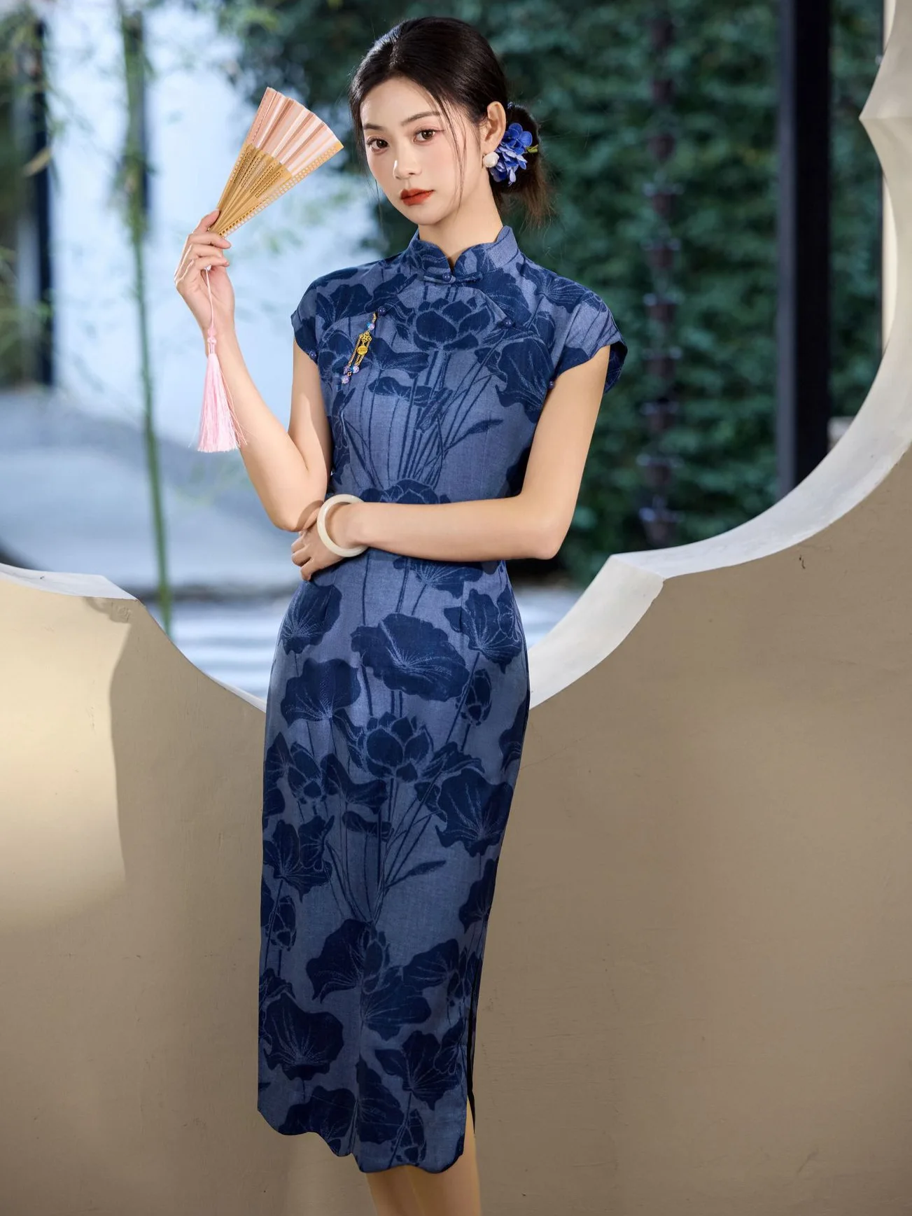 

Новое женское платье-ципао в китайском стиле, синее, ретро, улучшенное, с коротким рукавом, повседневное, приталенное, для весны и лета