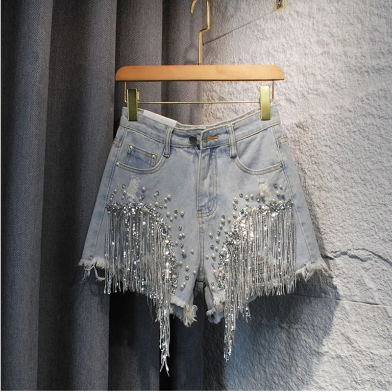 

Women Sequined Fringe Denim Shorts Summer Rhinestone Pearl Beading Short Jeans Casual Fashion High Waist Female A-line Shorts