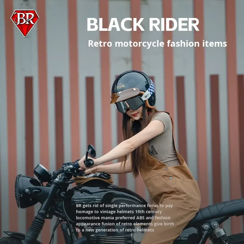 Black Rider BR Retro Motorcycle Helmets  Men Women Winter Three-Quarter Scooter Half Helmet ECE DOT with Free Gift Bubble Visor
