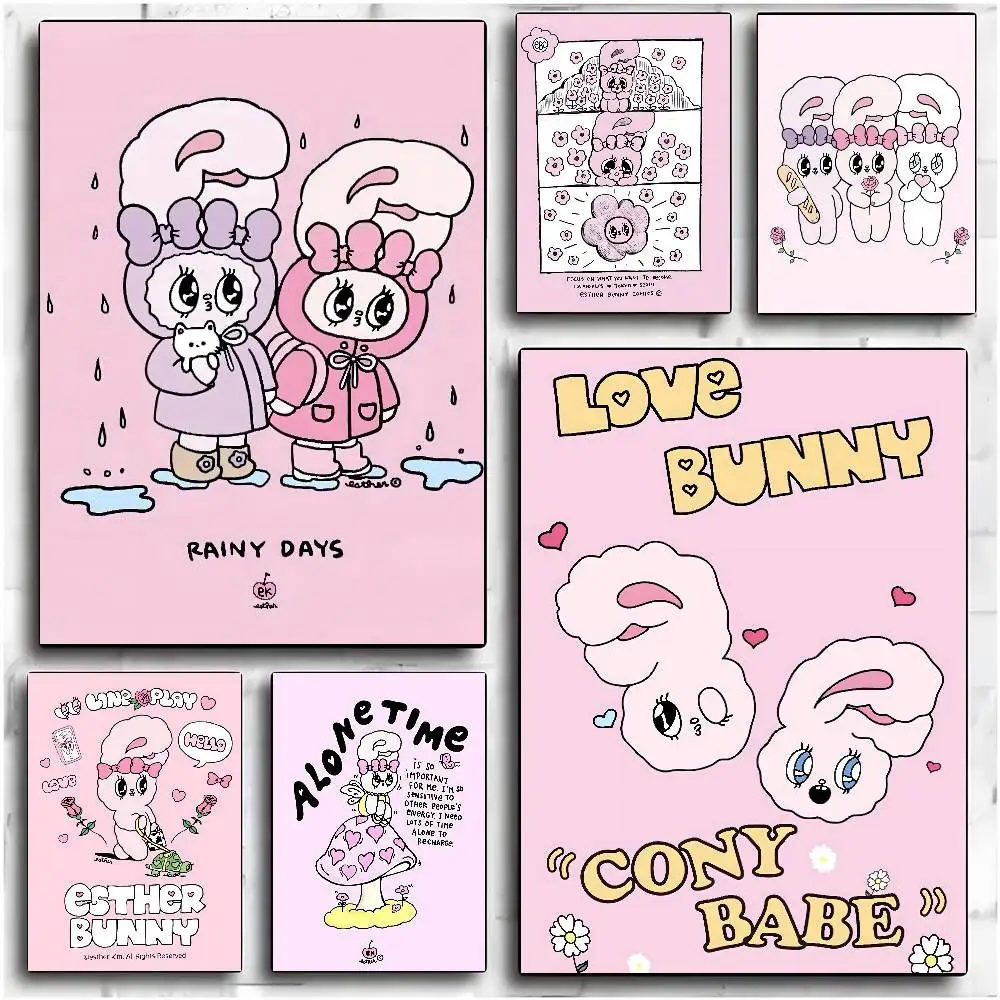 ملصق E-Esther B-Bunny وردي عالي الدقة جدار لاصق مقاوم للماء لغرفة المعيشة المنزلية وغرفة النوم والديكور الجمالي