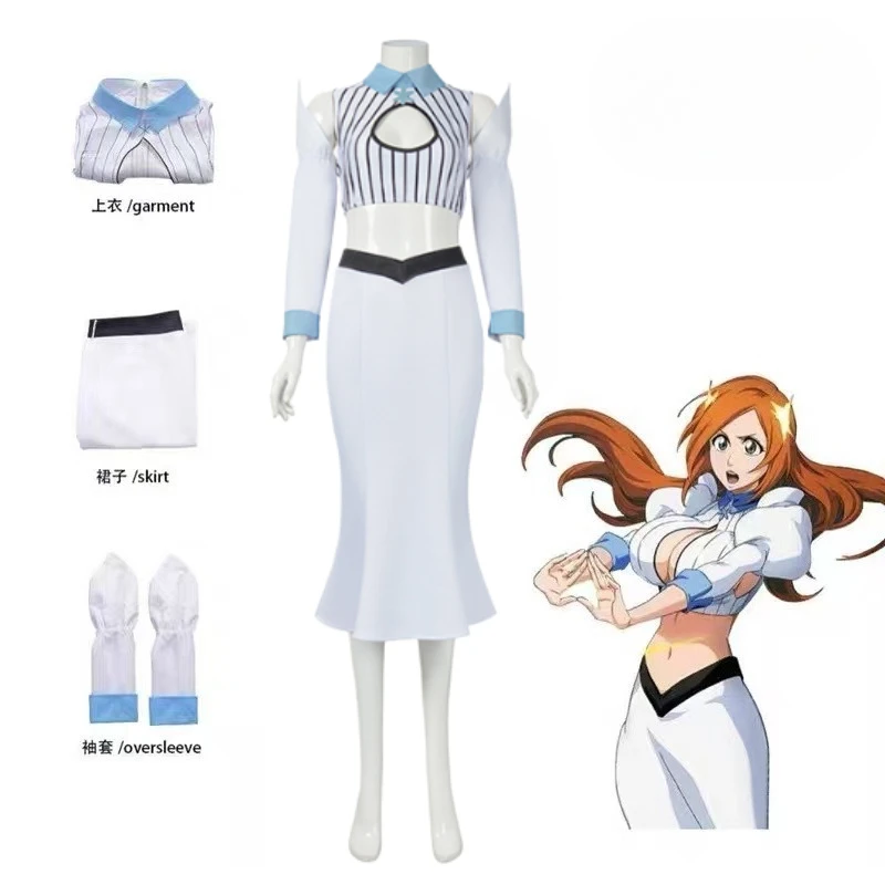 Anime Inoue Orihime Cosplay Costume Woman Sexy White Dew Waist Long Skirt Headwear Carnival Halloween Orihime Roleplay Suit