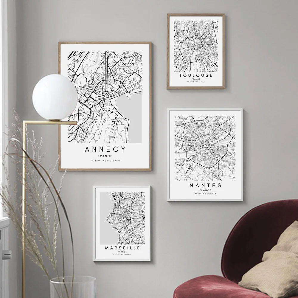 

Toulouse Nantes Marseille Annecy CUSTOM France City Map Nordic Posters and Prints Wall Art Canvas Painting for Living Room Decor