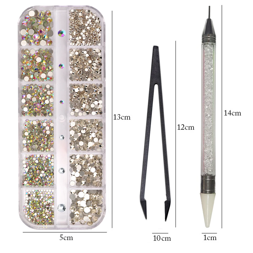 12 Grids Multi Sizes Nail Rhinestones Set Crystal AB Clear Gems with Crystal Pen Clips for DIY Nail Art Decorations