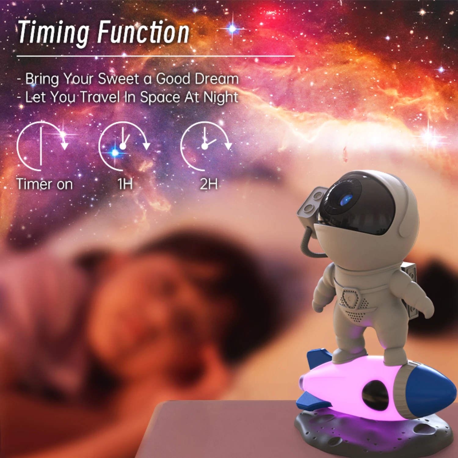 New Enhance Your Bedroom Décor with Captivating Rotating Astronaut Rocket Projector Night Sky Light Lamp - Immerse Yourself in