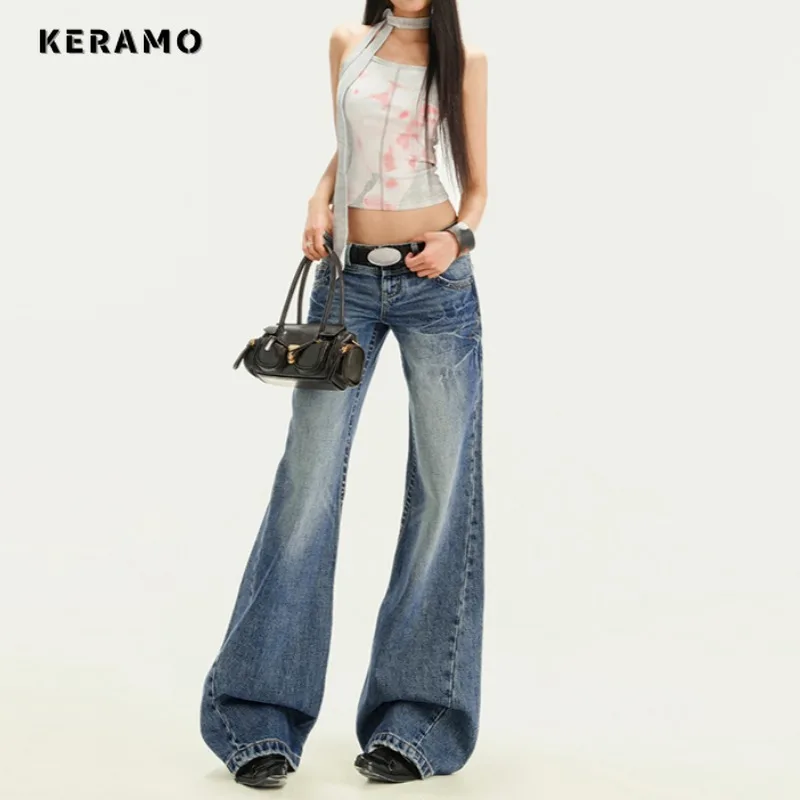 

Y2K Harajuku Eclectic Waif Jeans For Women Grunge Casual 2000s Pants American Vintage Street Style Blue Pockets Denim Trouser