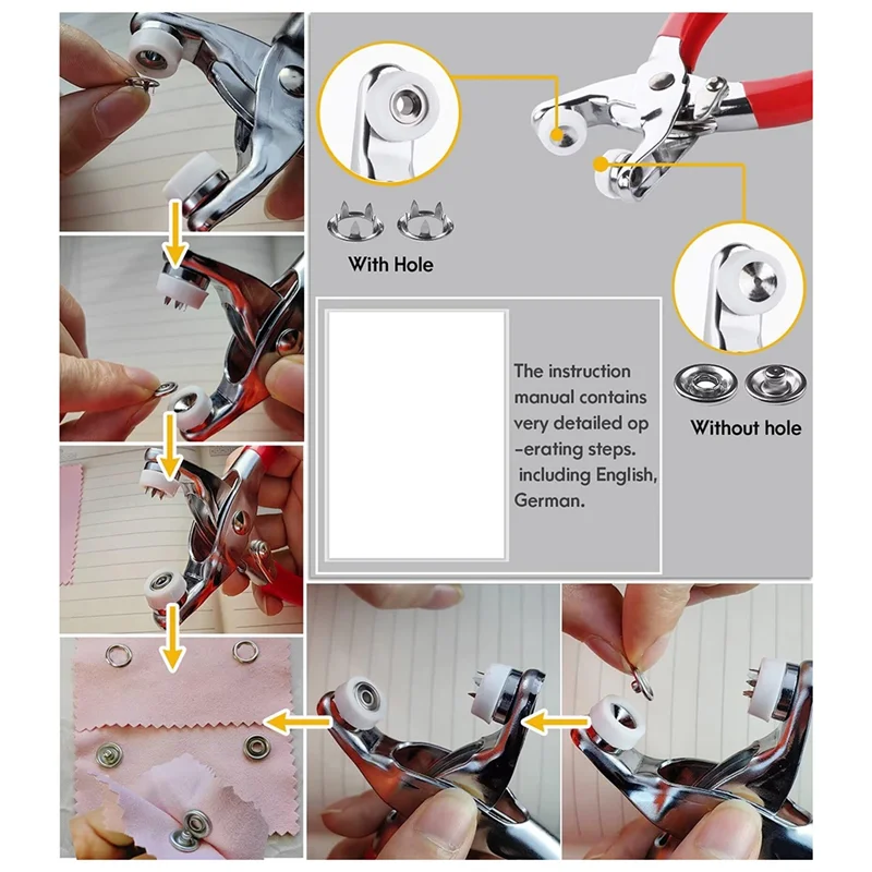 AT51-Snap Fasteners Kit 200 Sets، 9.5Mm Fabric Snaps Clothing Snaps بدون خياطة، أزرار من الفولاذ المقاوم للصدأ مع كماشة كبس