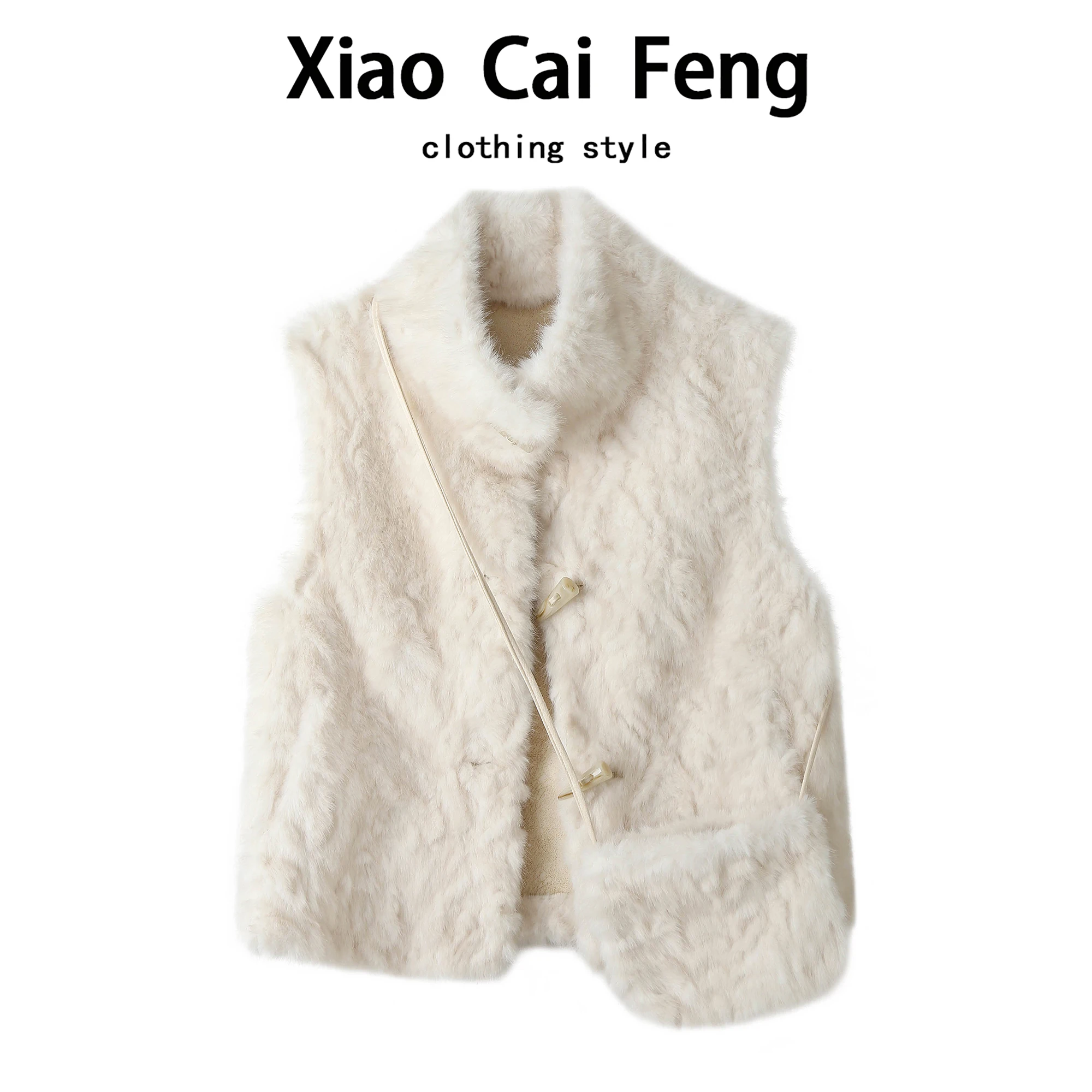 Korean Style Women's Furry Vest Coat Short Padded Stand Collar Soft Warm Winter Outerwear Leather Button Shortie Jacket