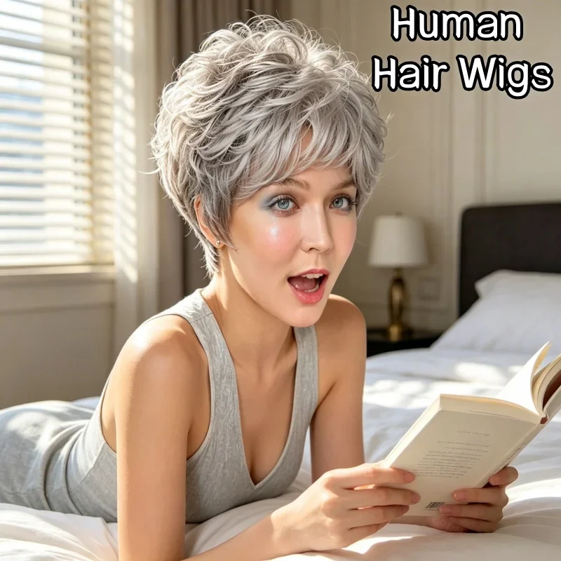 Perruques courtes pour femmes avec frange, cheveux humains bouclés gris ombré, effet lanugineux, pour fêtes et réceptions