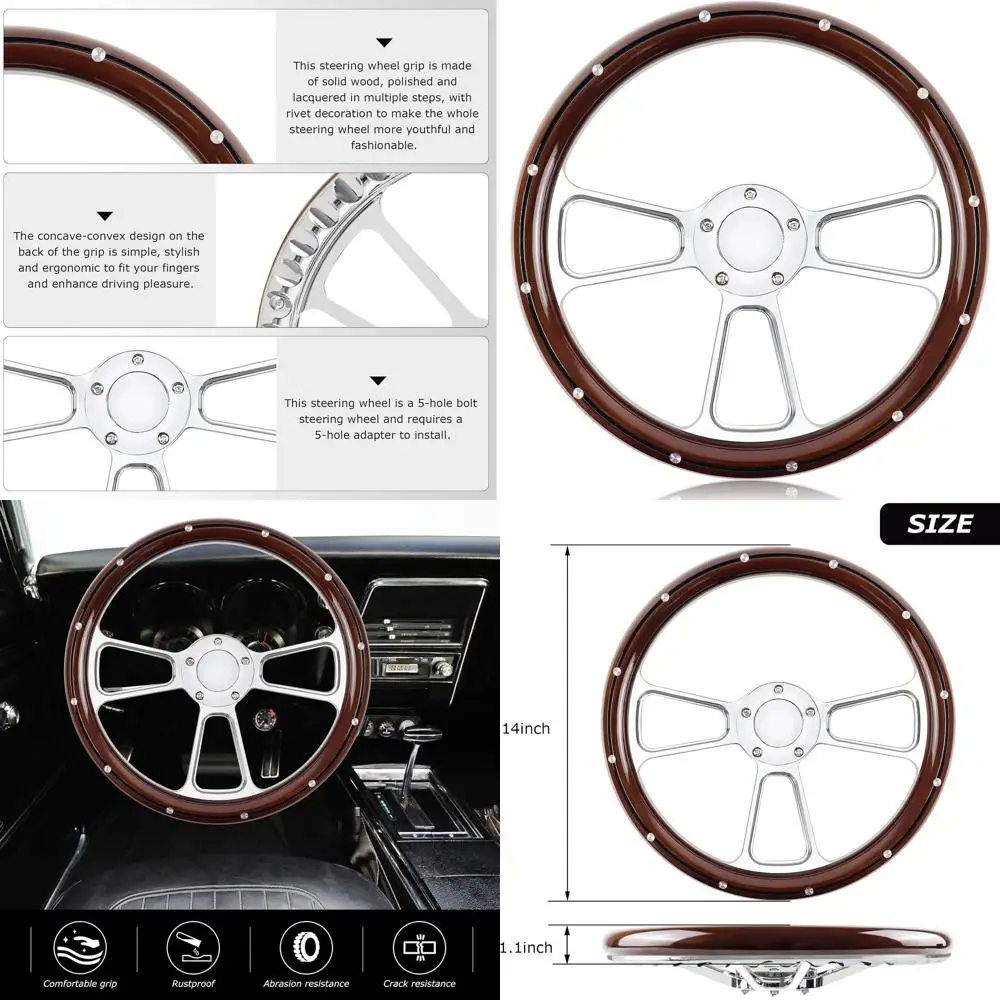 

Рулевое колесо с 5 отверстиями и 5 болтами, 14-дюймовый деревянный гоночный руль, ручка с заклепками и кнопкой HornButton, аксессуары для салона автомобиля