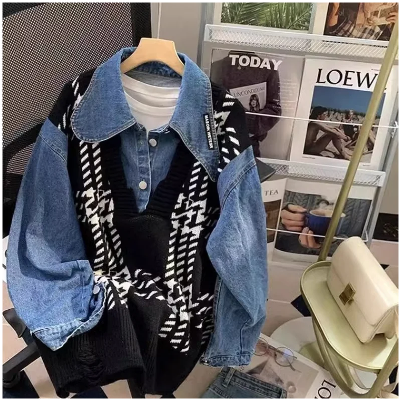 

Оверсайз 300 Pou Весенне-осенняя вязаная джинсовая куртка унисекс с цветными блоками, повседневная, в американском стиле, для отдыха