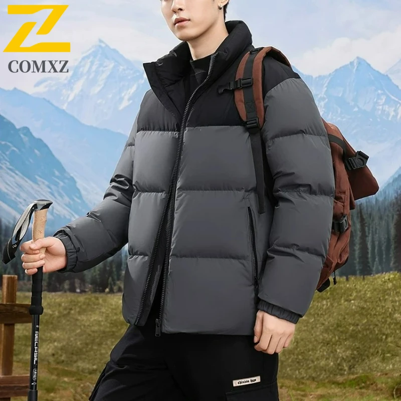 

COMXZ Autumn Winter New Couple Down Jacket Plain Color Block Down Stand Collar Coat Solid Color waterproof and windproof Parka