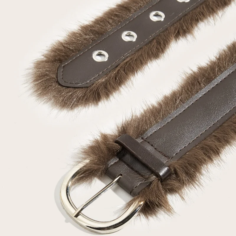 فاسق بو الفراء حزام Y2k خمر فو الفراء المرقعة أحزمة معدنية أفخم الخصر سلسلة فروي حزام الجينز زنار