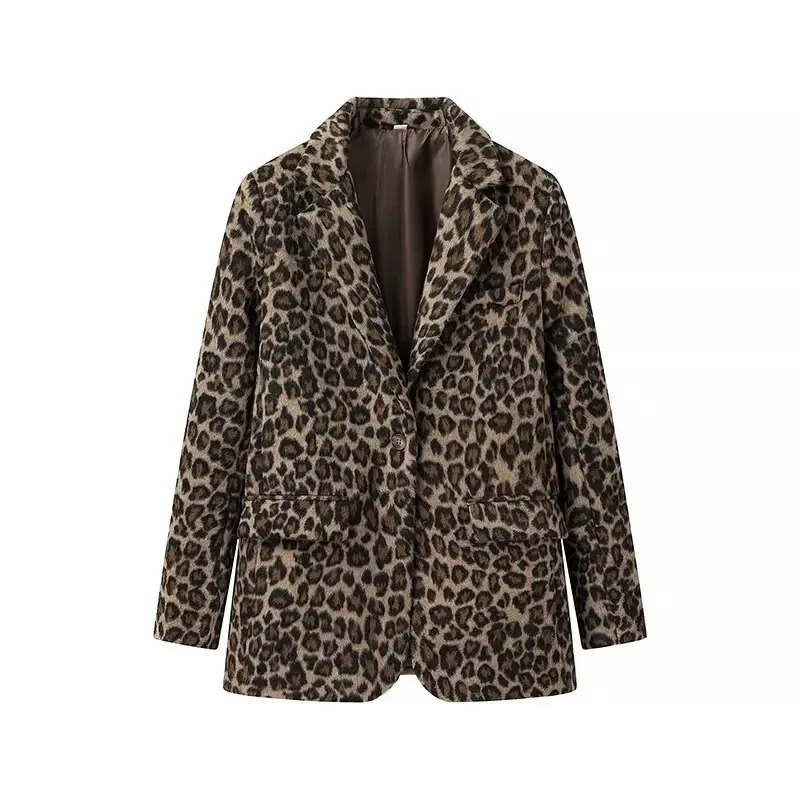 

Leopard Blazer Woman 2025 New Autumn Winter Elegent Tweed Single Button Notched Collar Jacket Coat Fashion Office Lady Outerwear