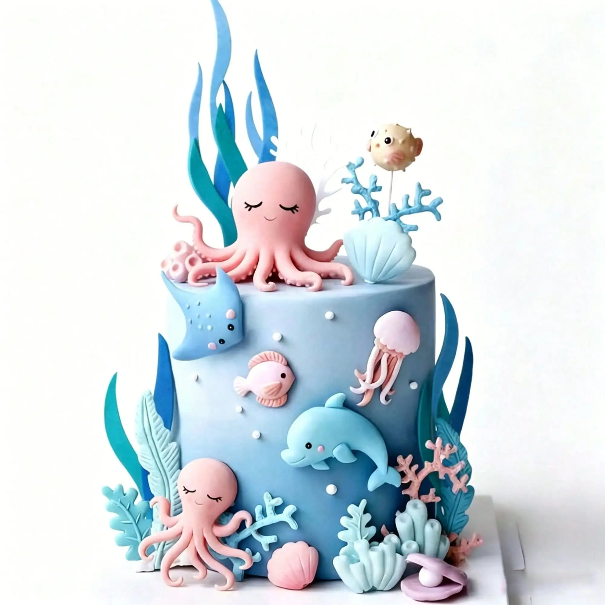 1 Set Ozean-Tier-Kuchendekoration Oktopus Delfin Qualle Koralle Muschel Unterwasser-Thema Kinder Dessert-Deko Zubehör – Detail 5