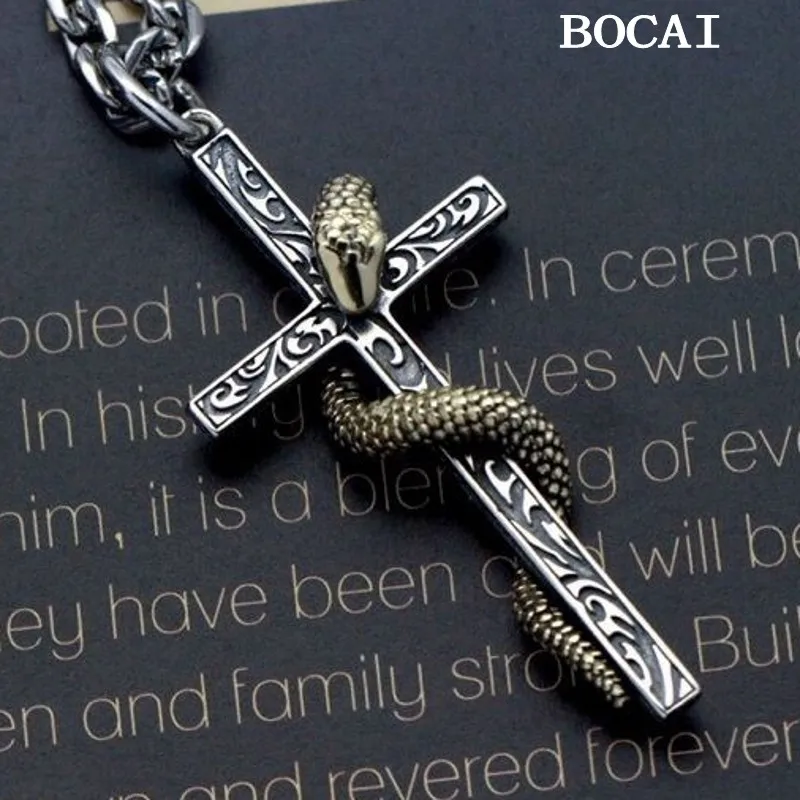 

BOCAI New S925 Sterling Silver Vintage Personalized Snake Wrapped Cross Pendant Gift for Men and Women Free Shipping