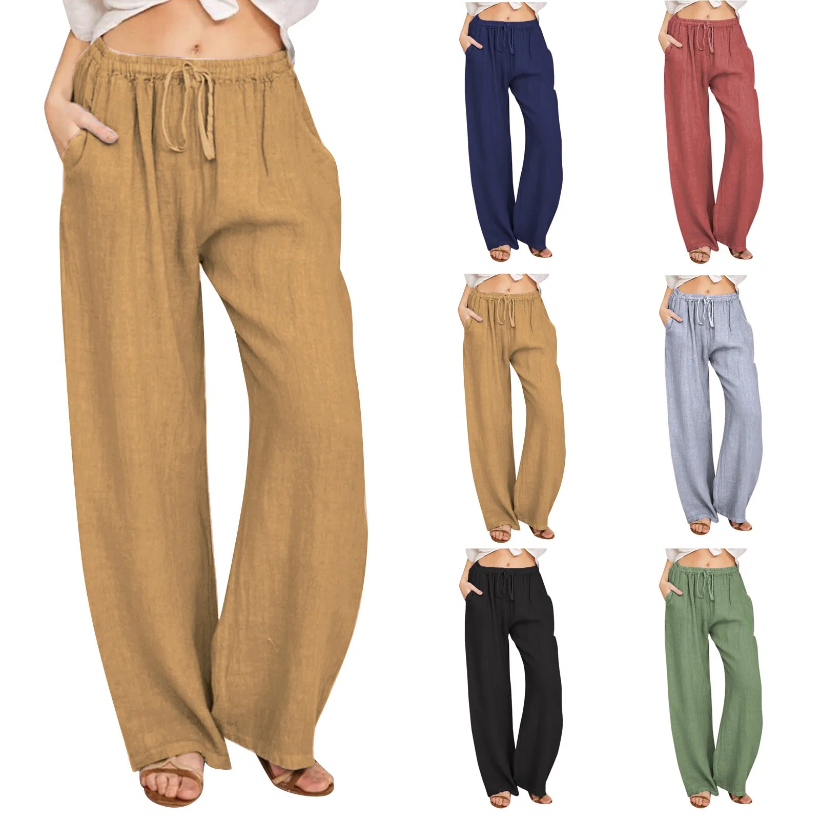 Pantaloni a gamba larga da donna pantaloni dritti in cotone e lino pantaloni lunghi Casual tinta unita con tasche pantaloni versatili traf