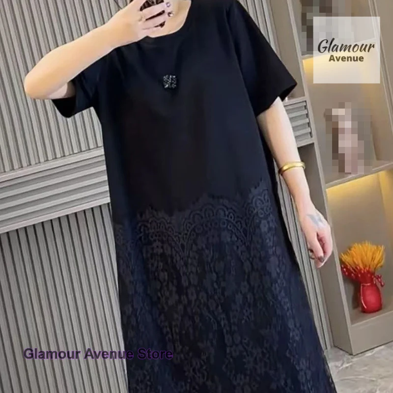 Abito estivo a maniche corte in pizzo con cuciture in tinta unita nuovo stile francese femminile plus size abito T-shirt slim Joker lungo allentato