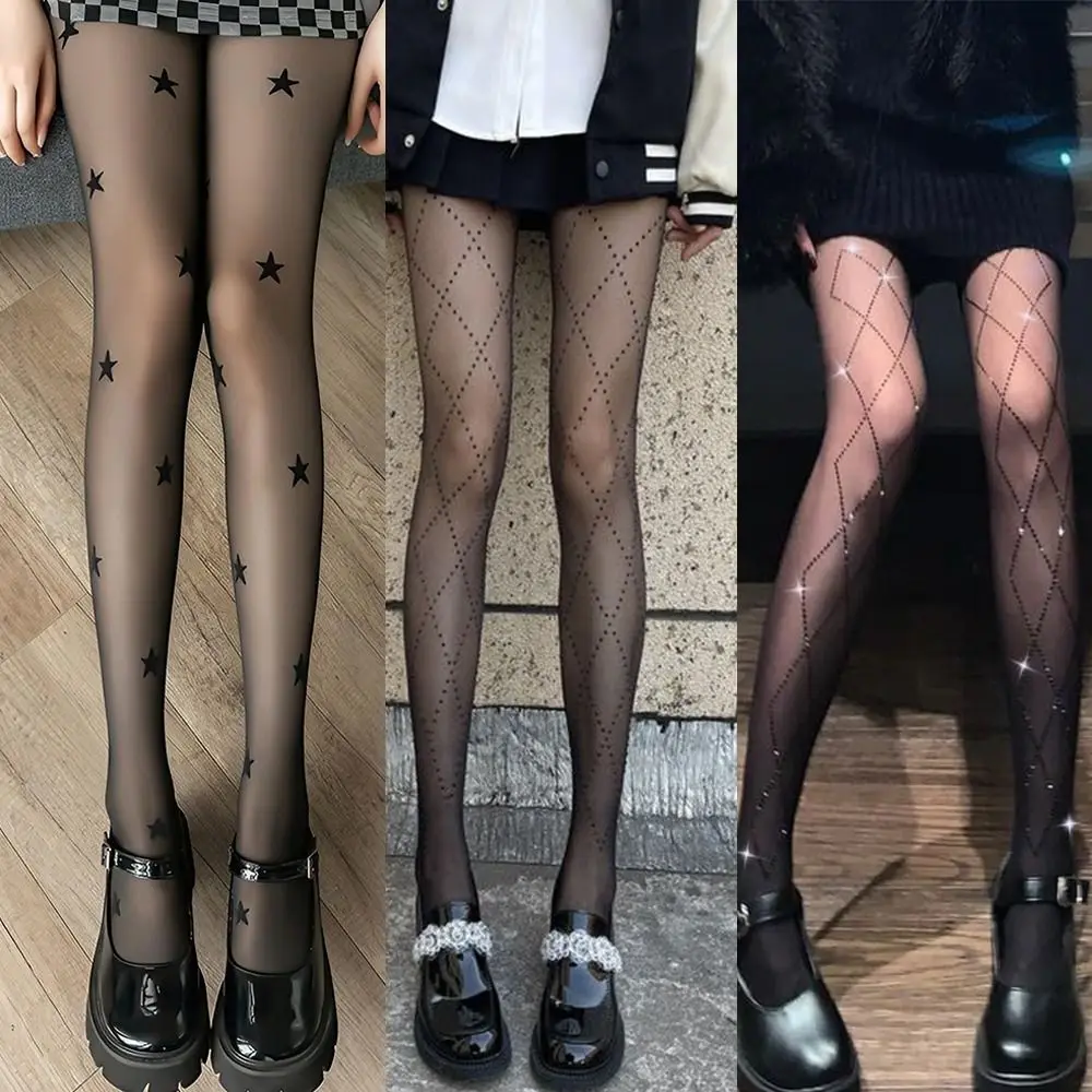 Cute Star Rhinestone Long Stockings Black Pantyhose Black Tights Kawaii Y2K Rhinestone Tights Women Girls