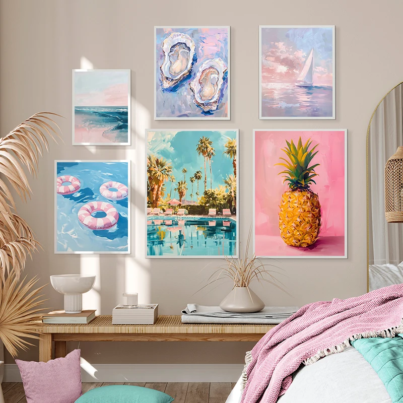 Palm Springs Pink Pool Pastel Oyster Shell Pineapple Seashells Painting Canvas Print Poster for Living Room Home Decor Framel