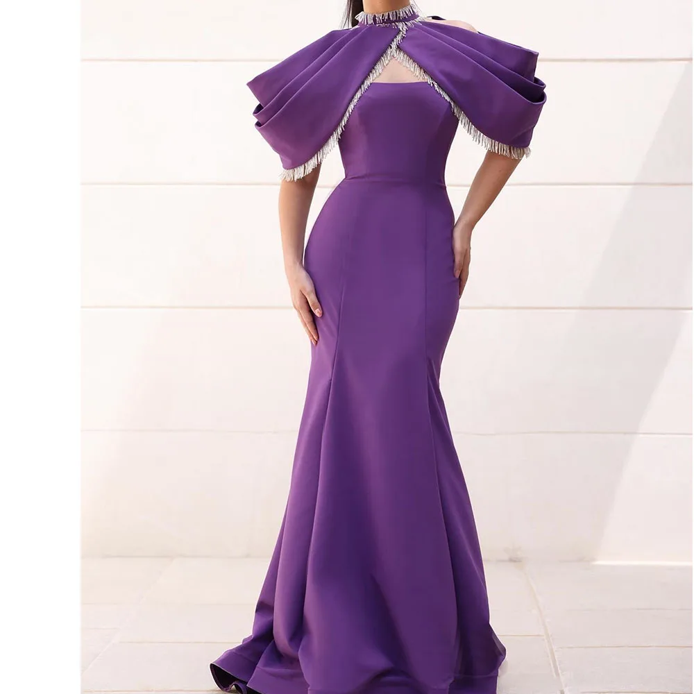 Fashion Jersey Mermaid Off the Shoulder Tassel Evening Dress High Collar Half Sleeves Floor Length Panel Train فساتين سهرة