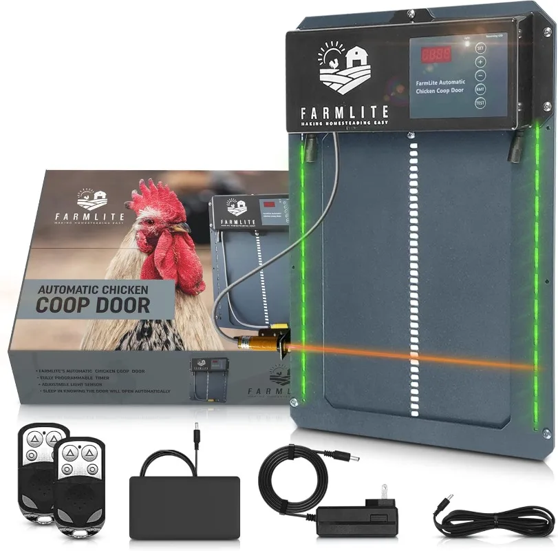 

Farmlite Automatic Chicken Coop Door Opener, Non-Battery Powered Automatic Chicken Door w/ Timer, Light Sensor & Remote Controls