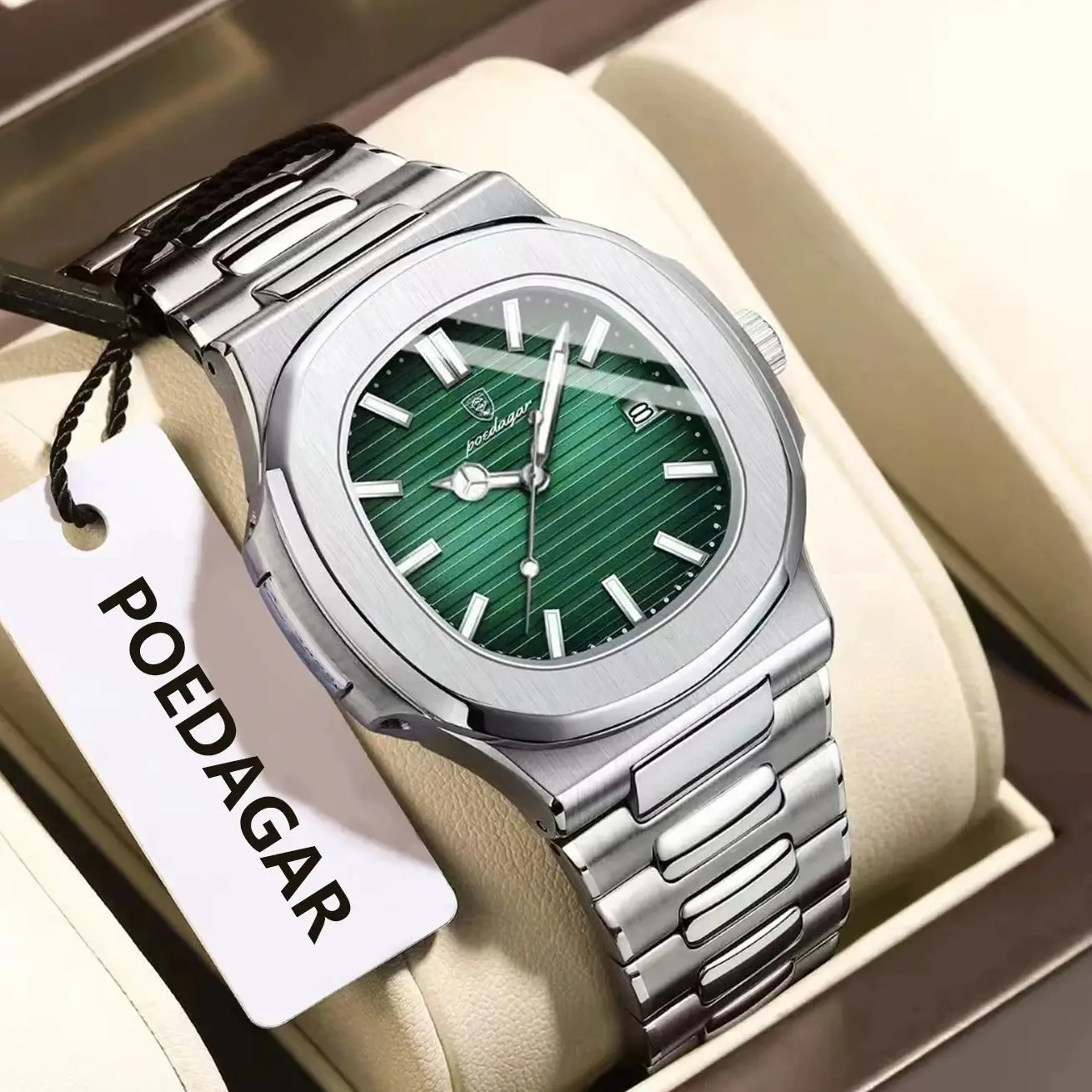 POEDAGAR Orologio da uomo d'affari quadrato Orologio da polso da uomo sportivo di lusso con data luminosa impermeabile in acciaio inossidabile