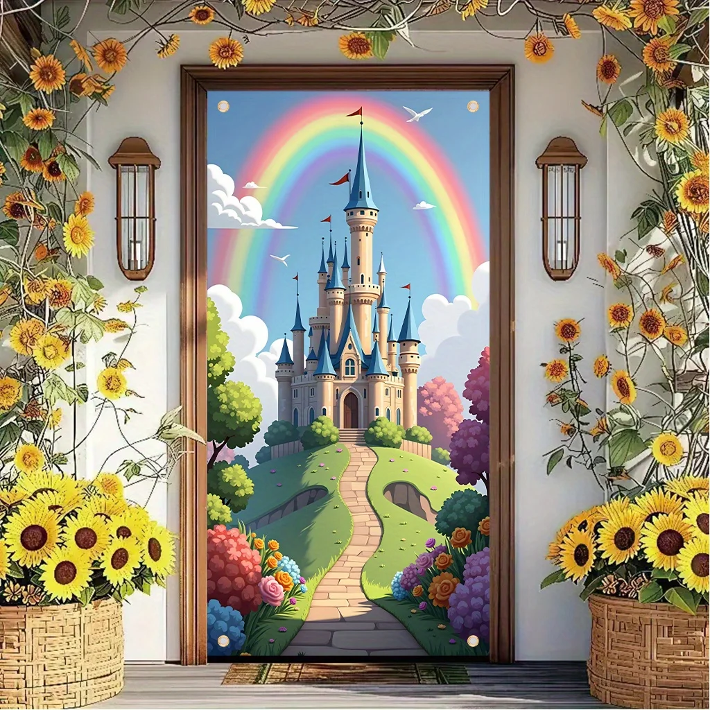 【2D-Vorhang】Attraktives Schloss und Regenbogen – Polyester, geeignet für Heim- und Bürodekoration, Partydekoration