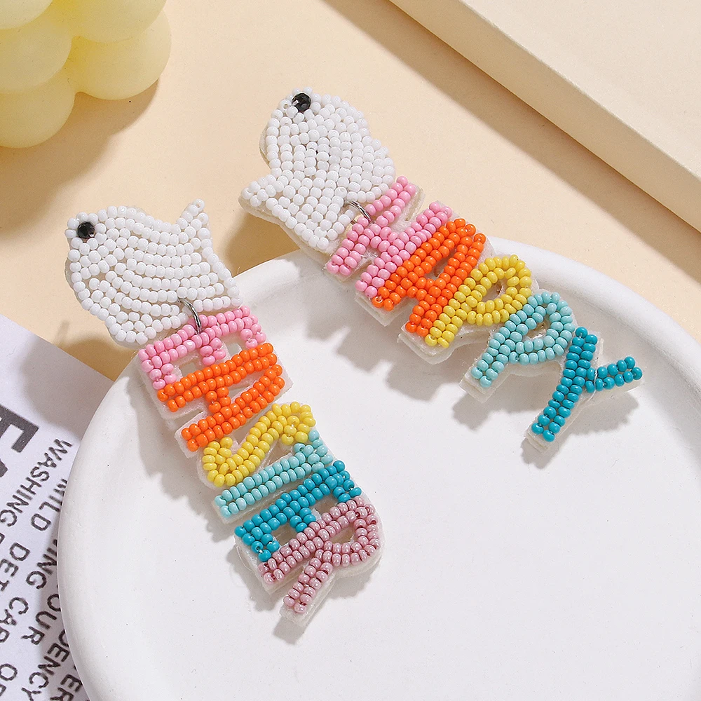 WELBACK 1 Pair of Rabbit Radish HAPPY EASTER Colorful Alphabet Earrings Easter Cat Claw Fashion Rice Drop Earrings