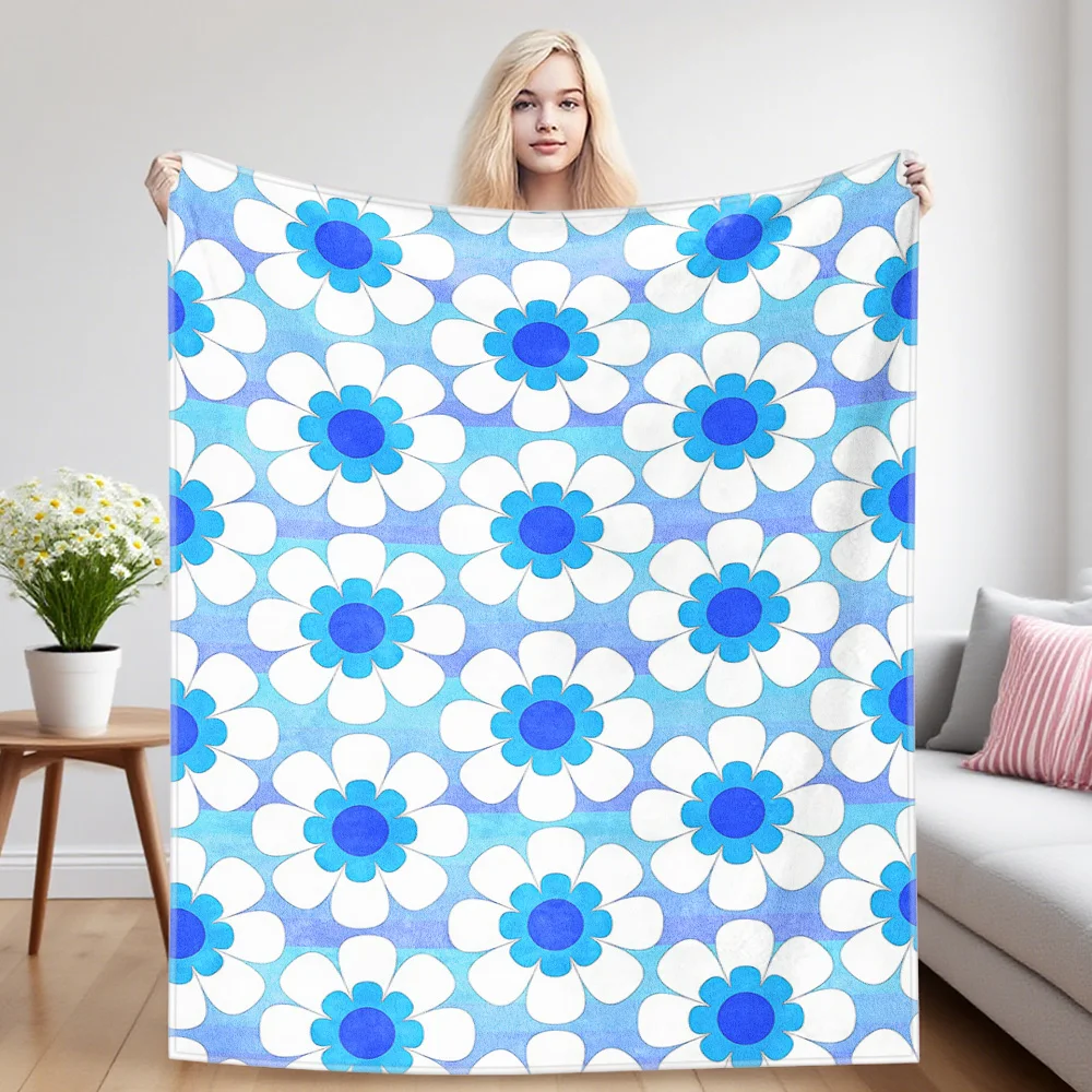 Blue Daisy  Background Warm And Soft Halloween And Christmas Sofa Decoration Gift With Flannel Blanket