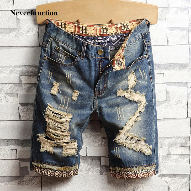 

Summer New vintage Ripped Blue Men Jeans Short Streetwear Bermuda Hip hop Casual Holes Straight Denim shorts Size 28-40