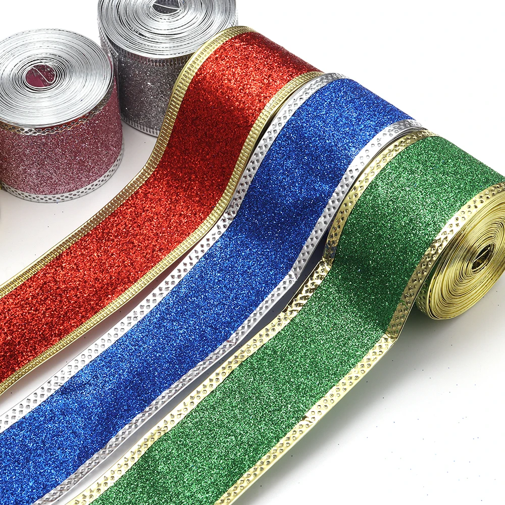 5 m/Rolle 3,8 cm glänzendes Glitzer-Weihnachtsband, handgemachte Schleifen, Geschenkverpackungsband, DIY-Weihnachtsbaum, Festdekoration für Partys – Detail 5