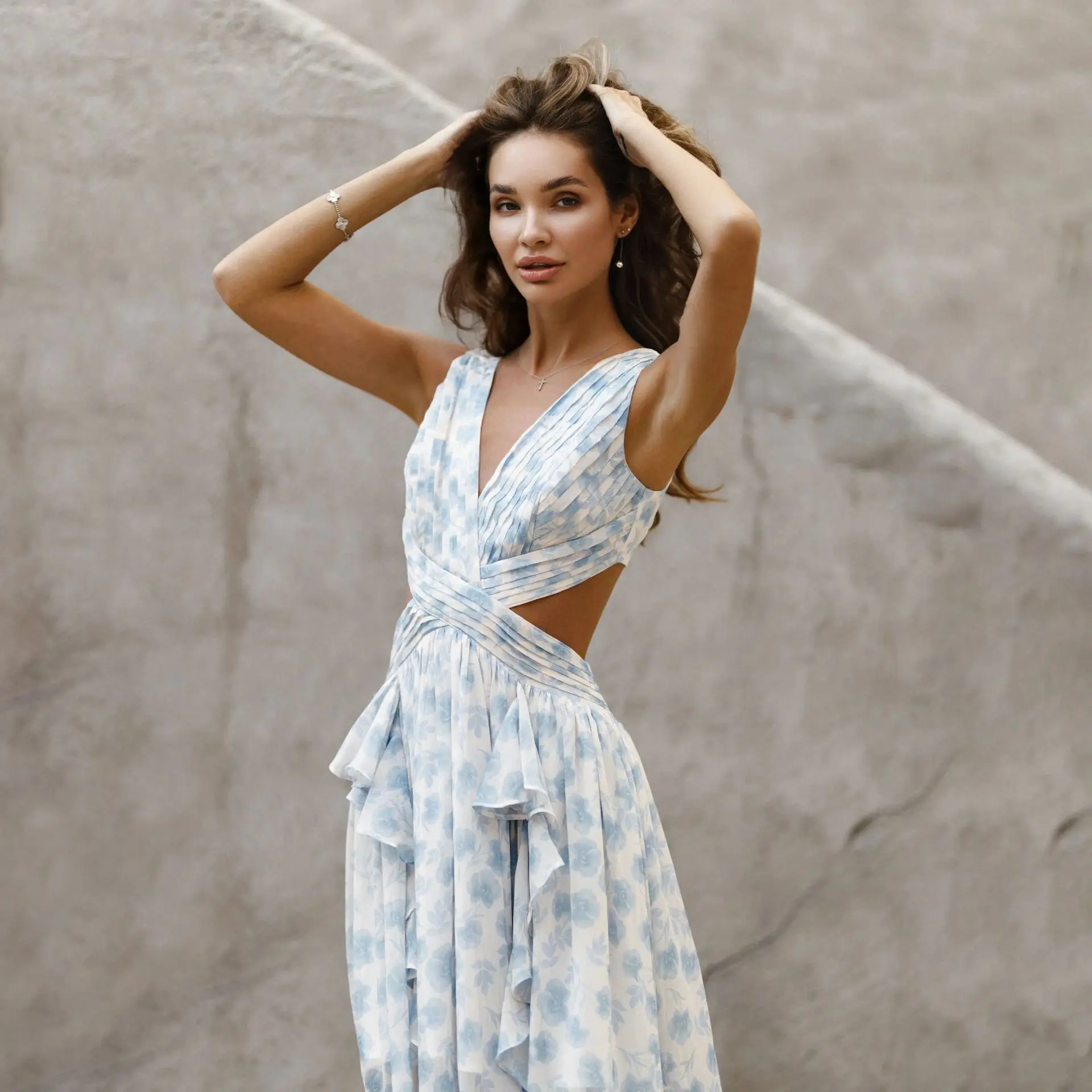 

Sexy split waist deep V ruffle edge print dress fashionable simple versatile temperament luxury elegant resort style high-end pa